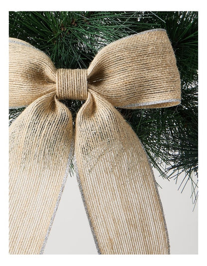 Eucalyptus Christmas Fabric Hessian Bow with Glitter Trim Clip 23cm in Natural