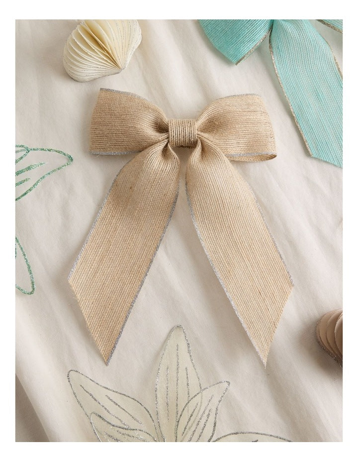 Eucalyptus Christmas Fabric Hessian Bow with Glitter Trim Clip 23cm in Natural