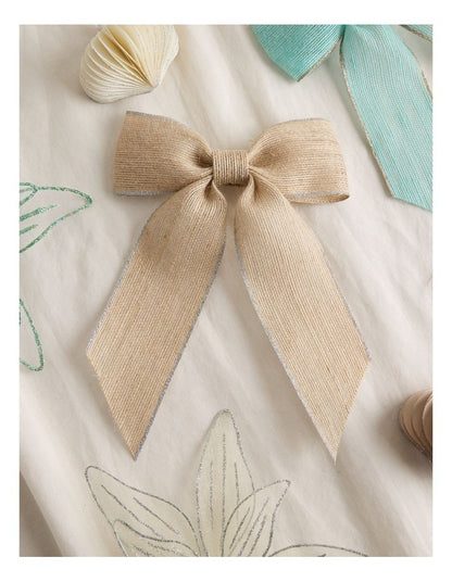 Eucalyptus Christmas Fabric Hessian Bow with Glitter Trim Clip 23cm in Natural