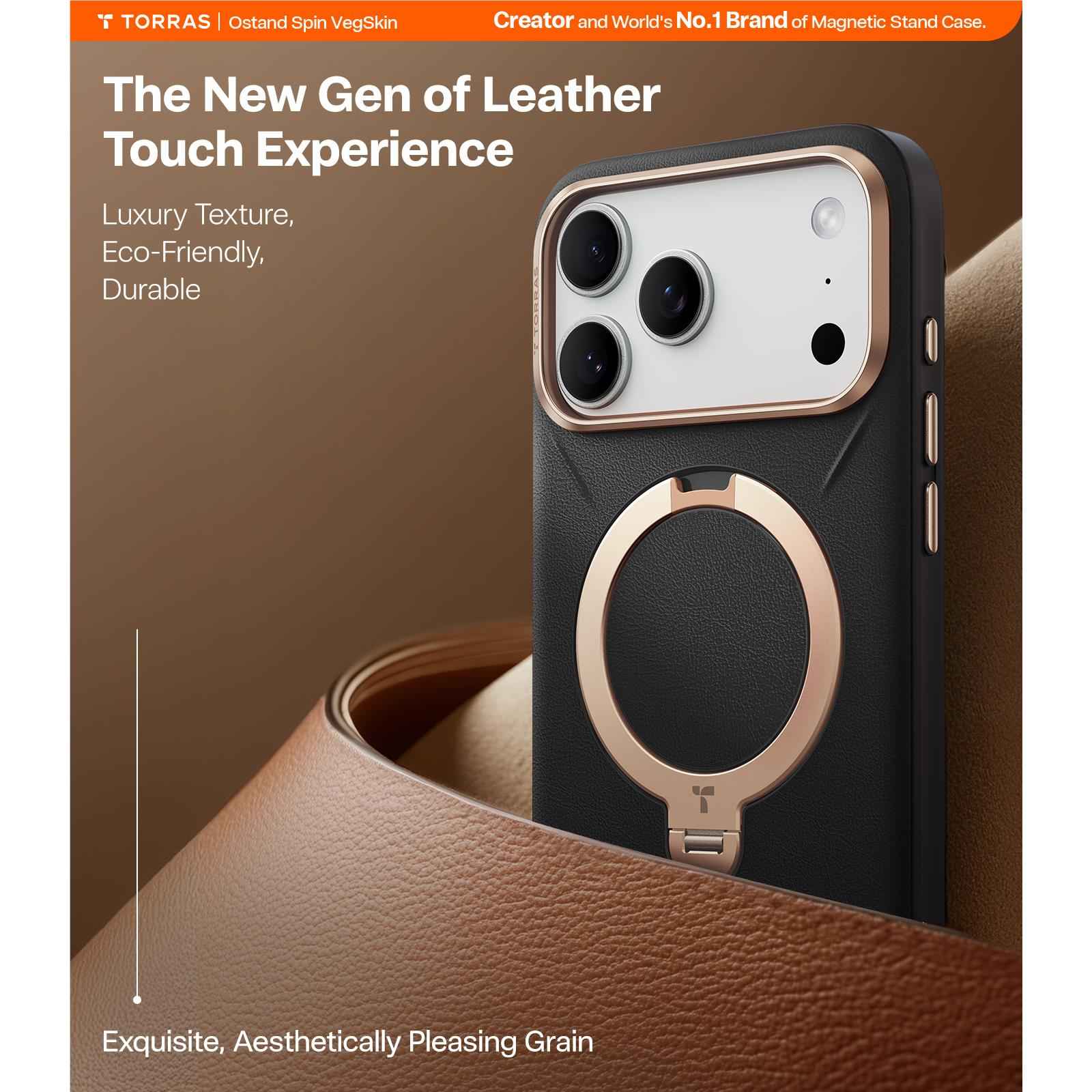 Torras Ostand Spin Vegan Leather Case for iPhone 17 Pro (Ivory Black)