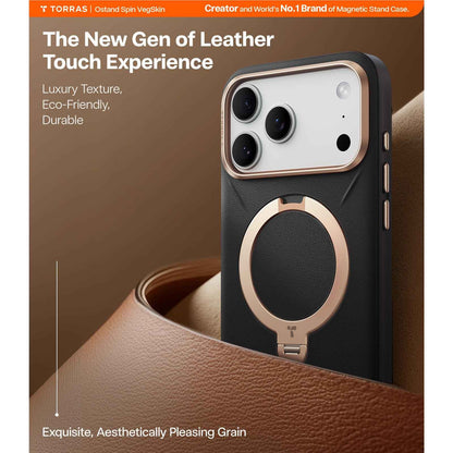 Torras Ostand Spin Vegan Leather Case for iPhone 17 Pro Max (Ivory Black)