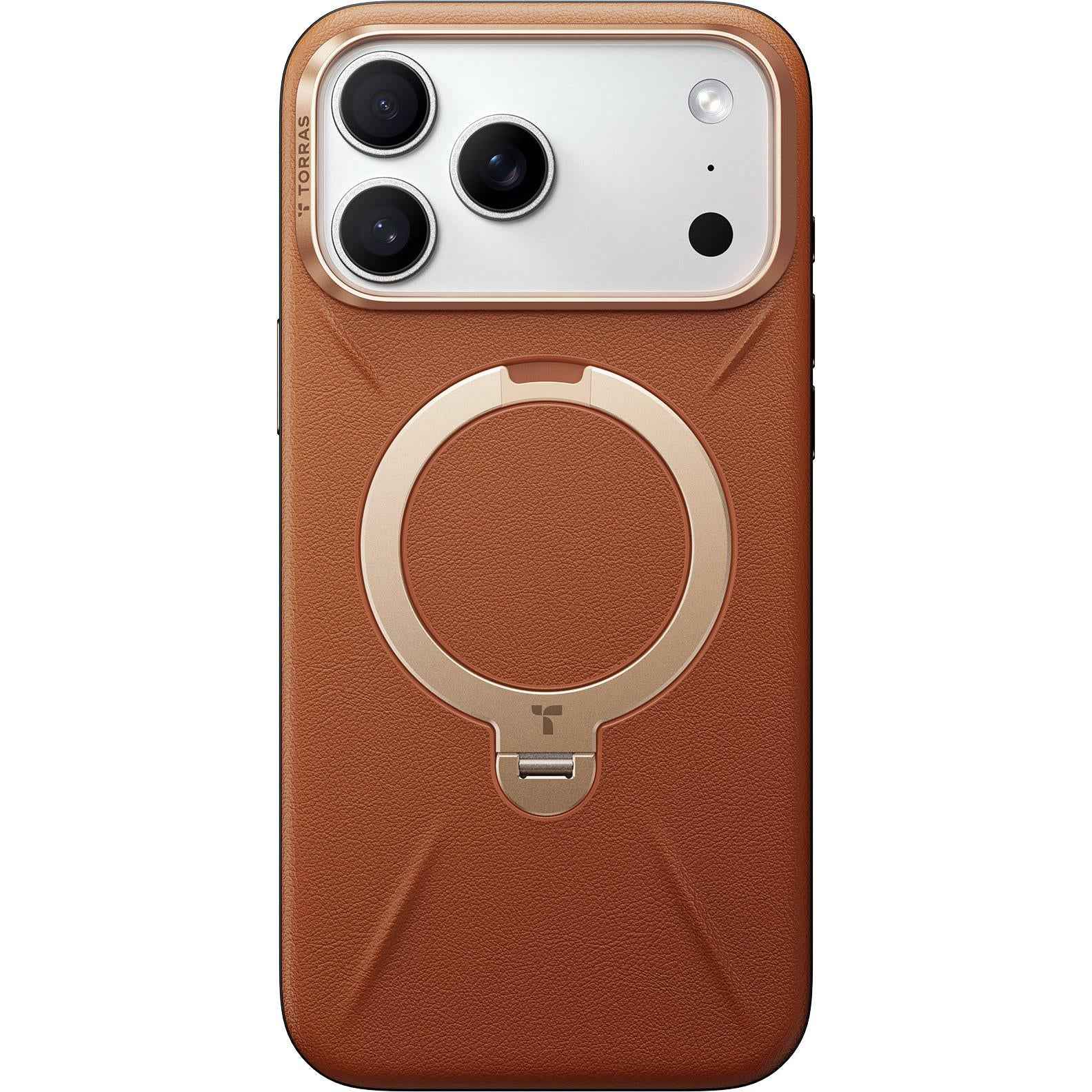 Torras Ostand Spin Vegan Leather Case for iPhone 17 Pro Max (Brown Gold)