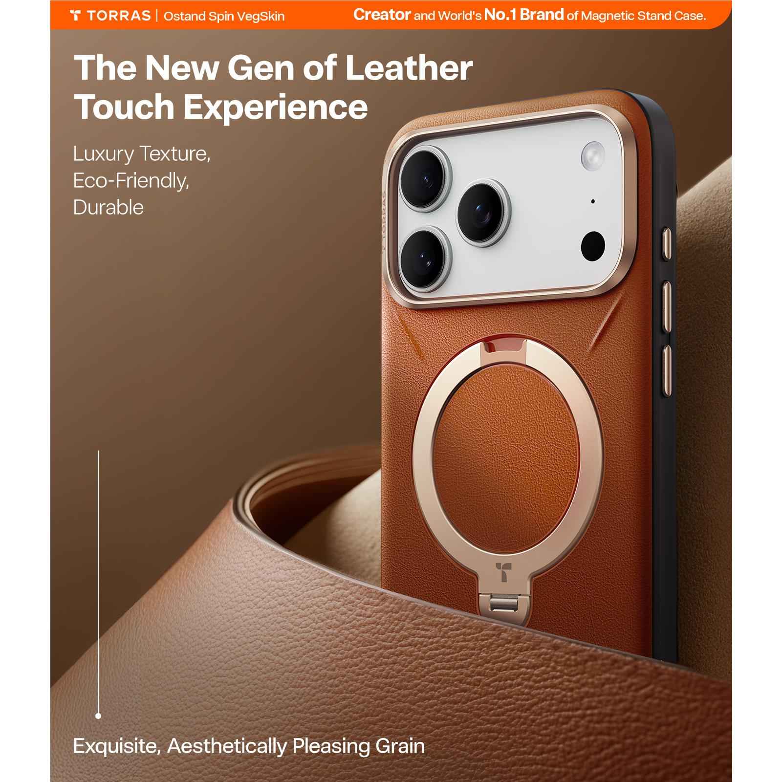 Torras Ostand Spin Vegan Leather Case for iPhone 17 Pro Max (Brown Gold)