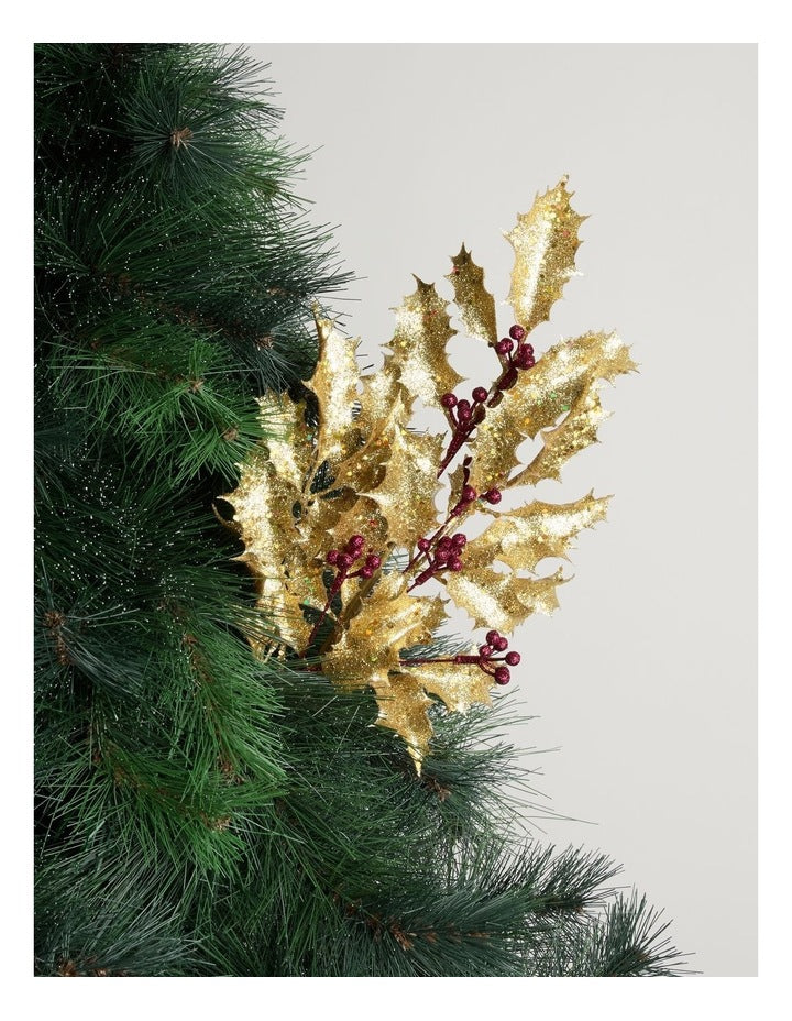 Heirloom Christmas Glittered Faux Holly Leaves & Berry Spray PickGold: 50 cm