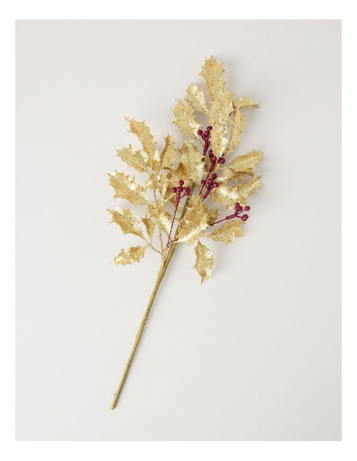 Heirloom Christmas Glittered Faux Holly Leaves & Berry Spray PickGold: 50 cm