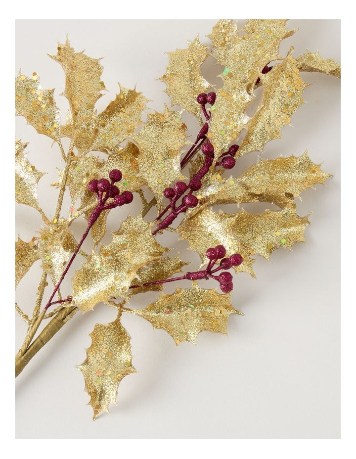 Heirloom Christmas Glittered Faux Holly Leaves & Berry Spray PickGold: 50 cm
