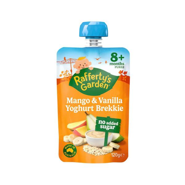 RAFFERTYS GARDEN MANGO & VANILLA NO ADDED SUGAR YOGHURT BREKKIE 8 MONTHS+ 120G
