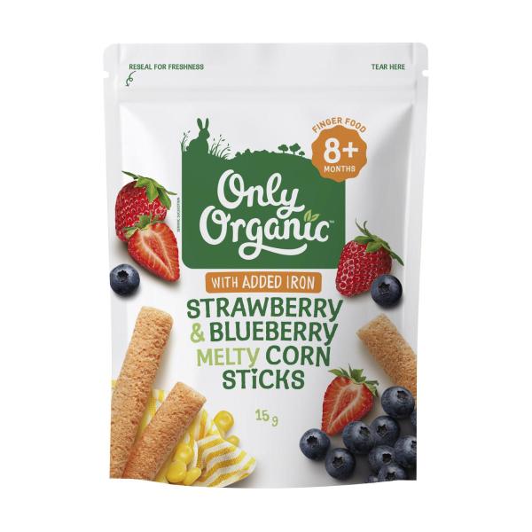 ONLY ORGANIC 8 MONTHS+ BLUEBERRY & STRAWBERRY CORN STICKS 15G