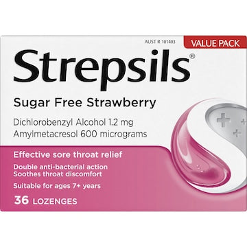 Strepsils Sore Throat Sugar Free Strawberry Lozenges 36 pack