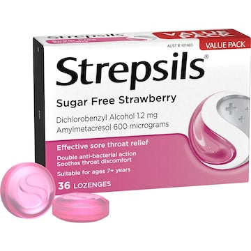 Strepsils Sore Throat Sugar Free Strawberry Lozenges 36 pack