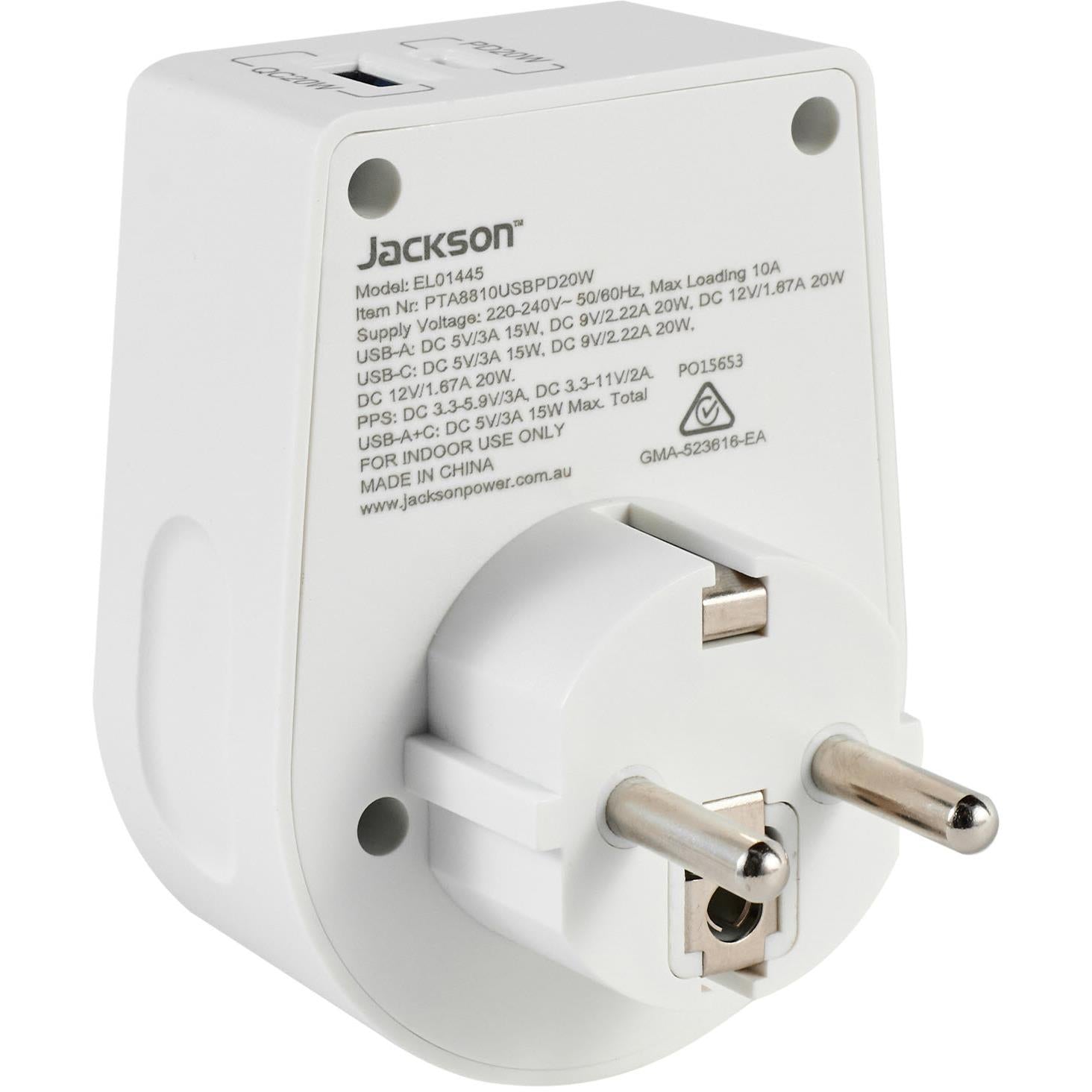 Jackson MOVE Rapid Charge PD20W USB-C/A Outbound Travel Adaptor