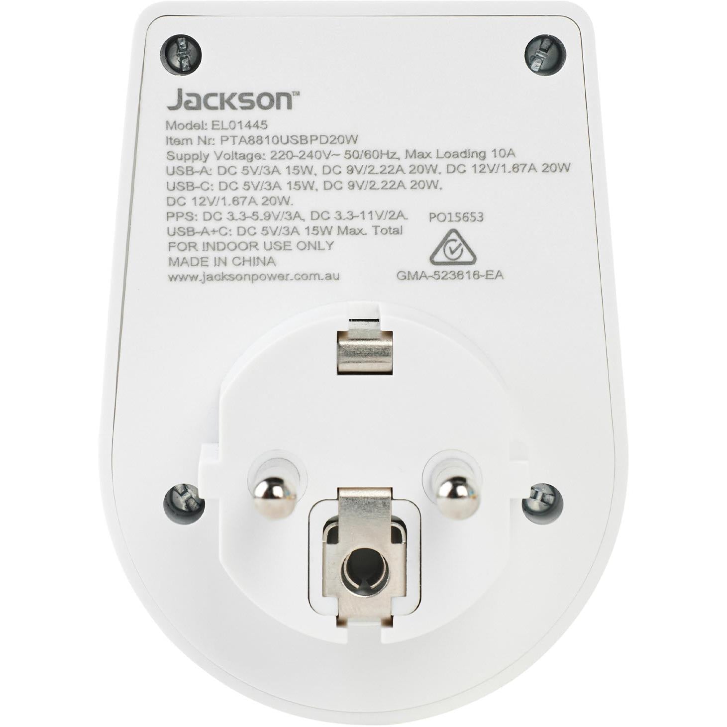 Jackson MOVE Rapid Charge PD20W USB-C/A Outbound Travel Adaptor