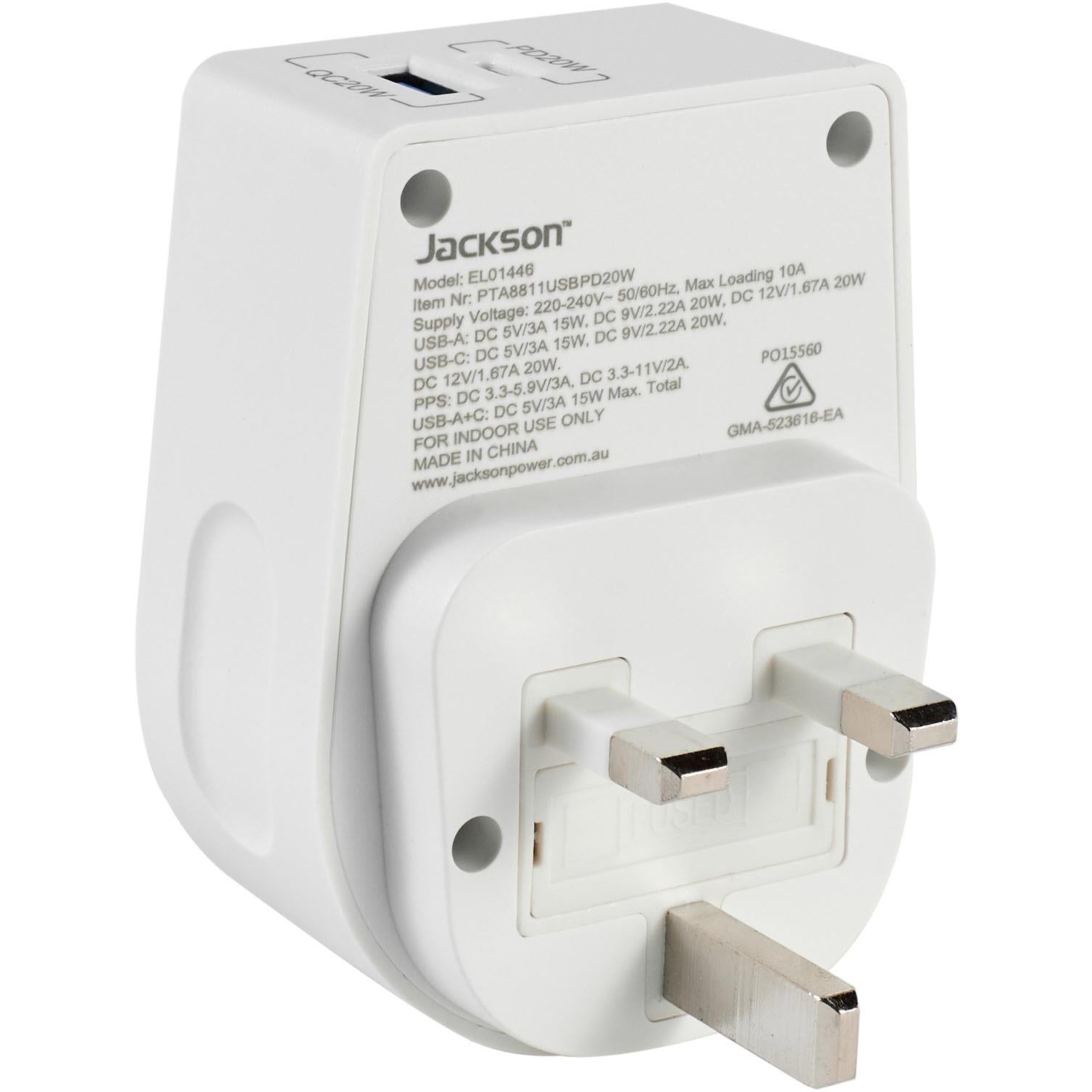 Jackson MOVE Rapid Charge PD20W USB-C/A Outbound Travel Adaptor