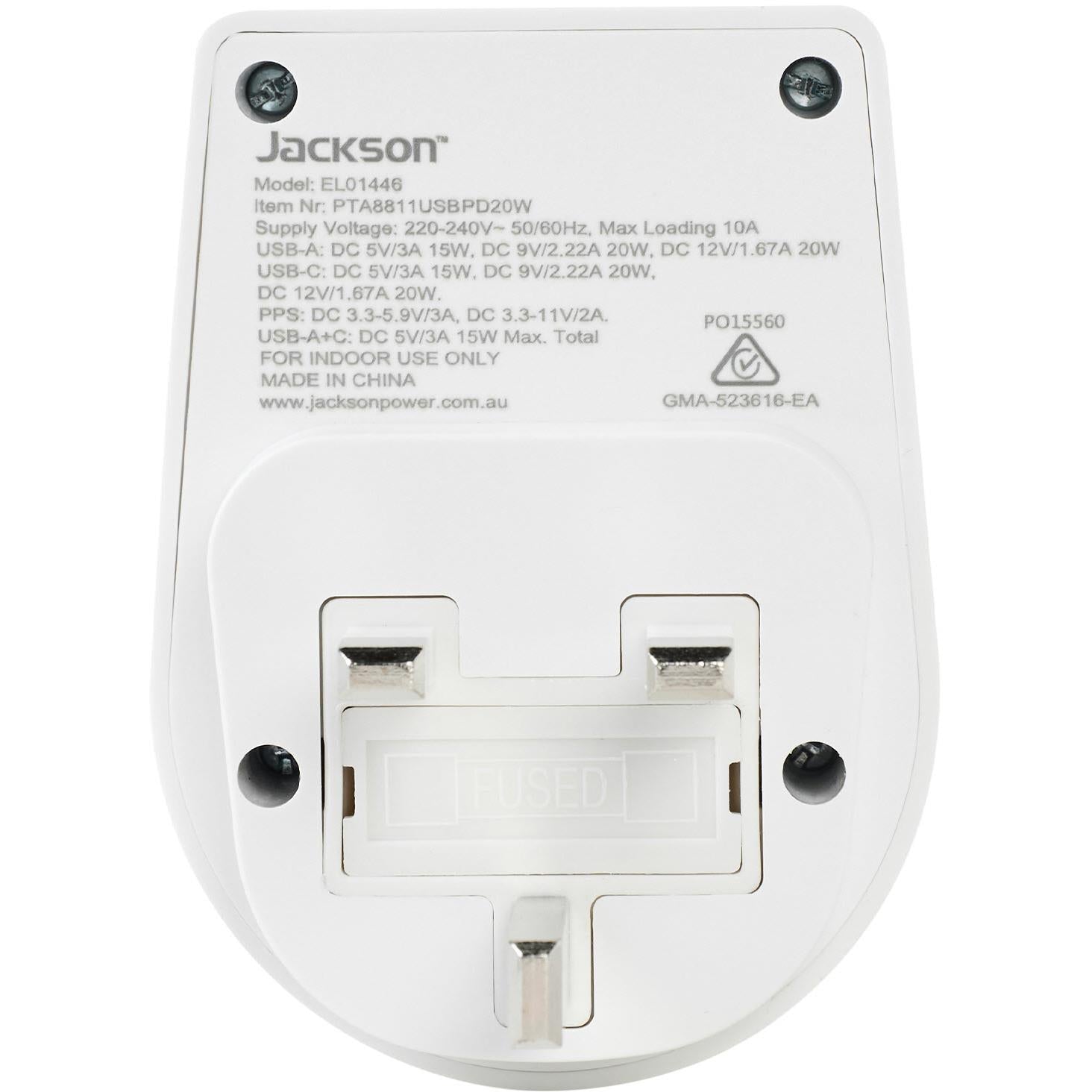 Jackson MOVE Rapid Charge PD20W USB-C/A Outbound Travel Adaptor