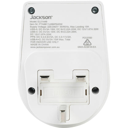 Jackson MOVE Rapid Charge PD20W USB-C/A Outbound Travel Adaptor