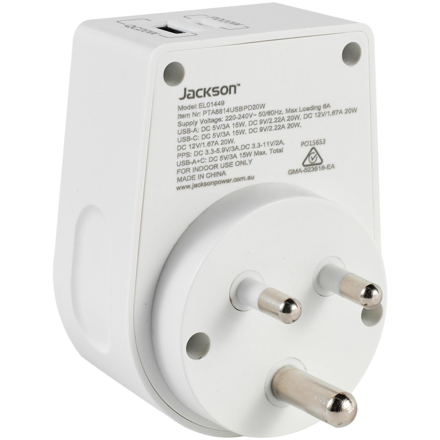 Jackson MOVE Rapid Charge PD20W USB-C/A Outbound Travel Adaptor