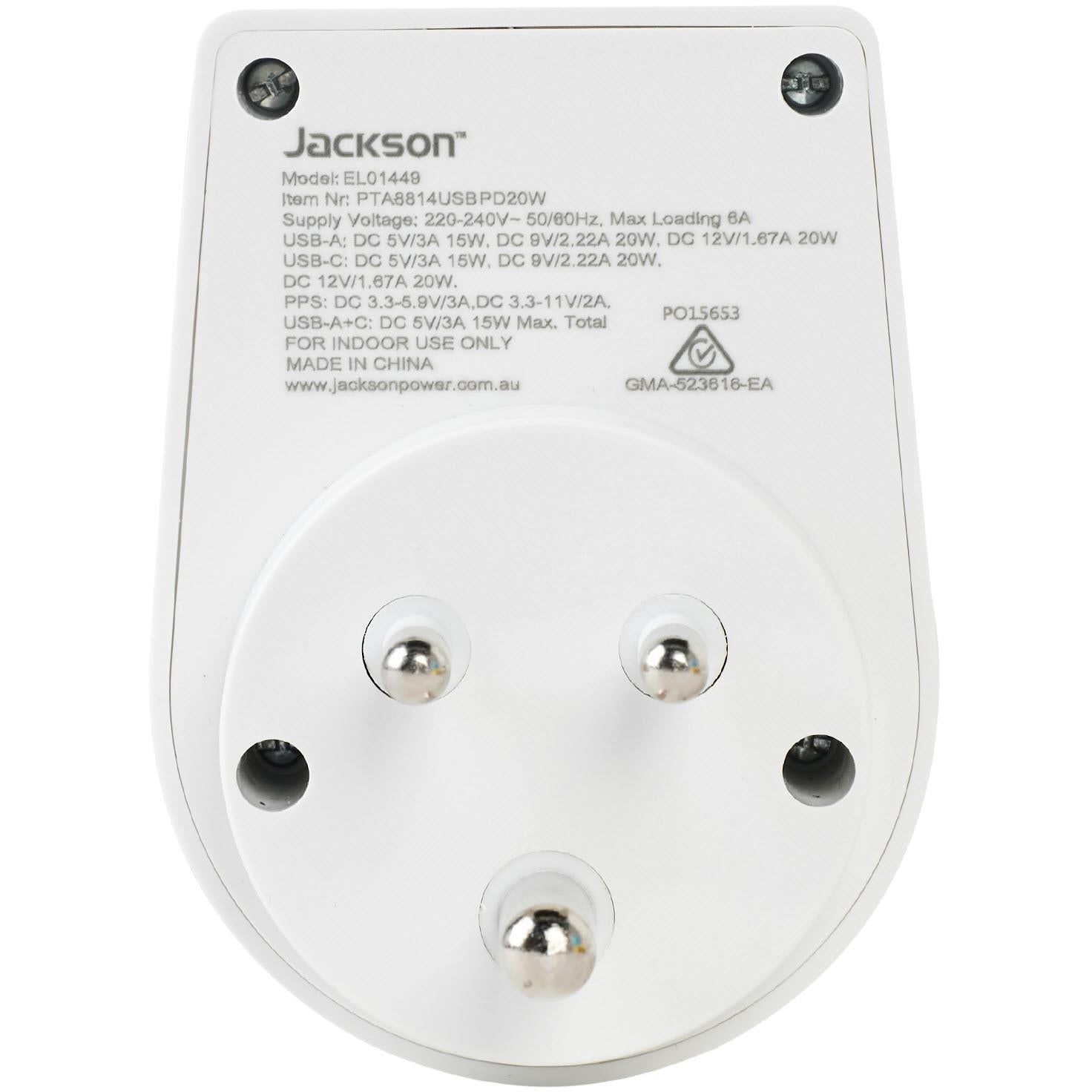 Jackson MOVE Rapid Charge PD20W USB-C/A Outbound Travel Adaptor