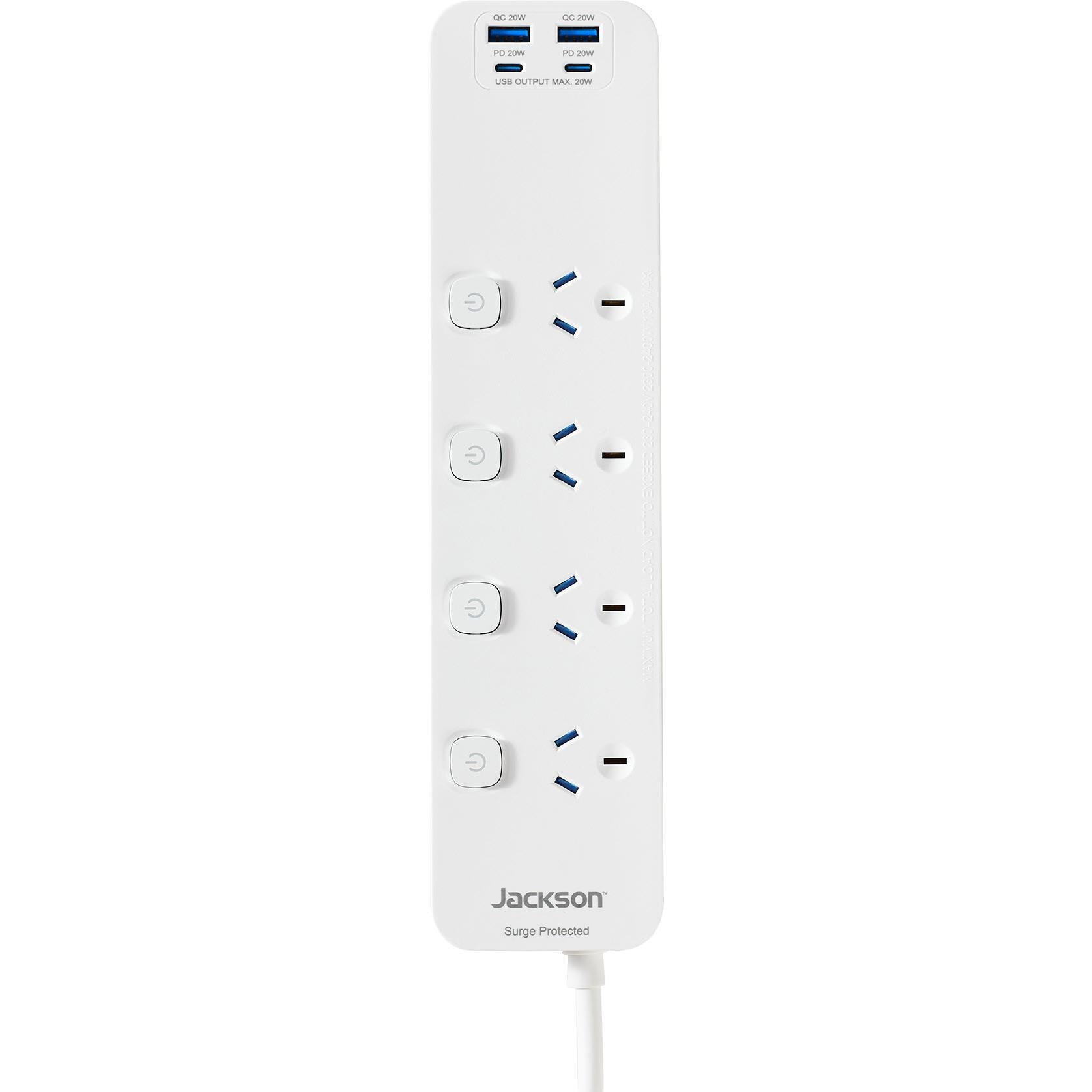 Jackson Rapid Charge PD20W USB-A & USB-C Switched 4 Outlet Powerboard