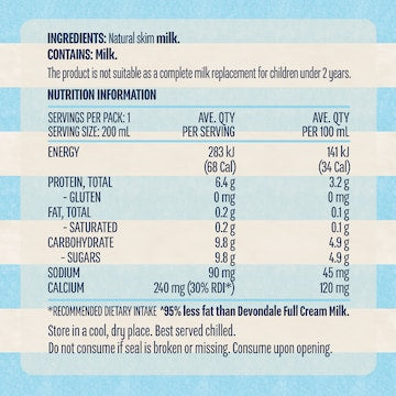 Devondale Skim Long Life Milk UHT 200mL x 6 pack