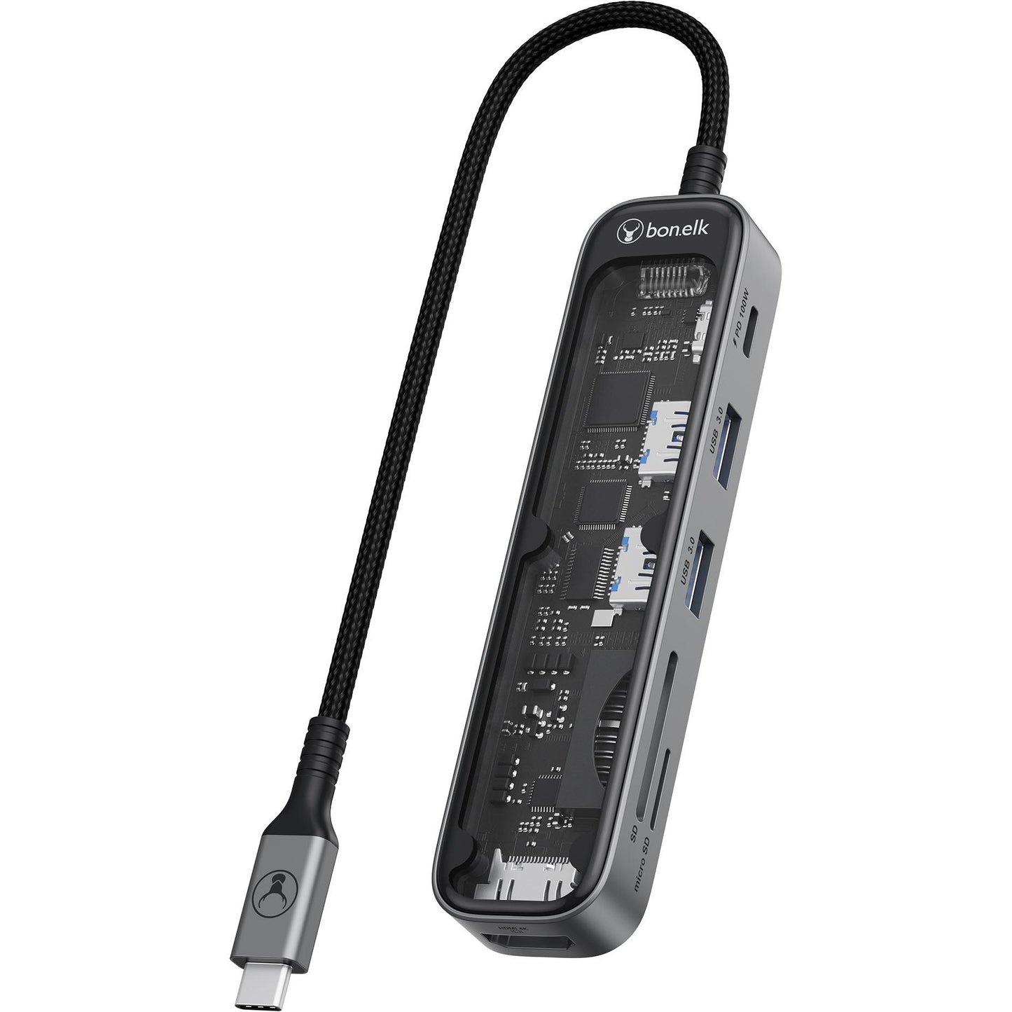 Bonelk Vision Long-Life USB-C to 6-in-1 w/Card Reader Multiport Hub (SG/Clear)