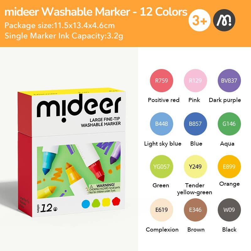 Mideer Large Fine Tip Washable Marker 12 Colours Stationary Art and craft for kids 3yrs+