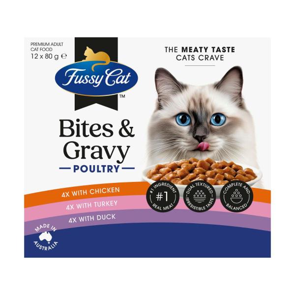 FUSSY CAT GRAIN FREE TWICE AS TASTY BITES & GRAVY POULTRY WET CAT FOOD 12X80GRAM