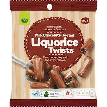 Woolworths Milk Chocolate Coated Liquorice Twists 270g