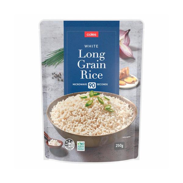 COLES MICROWAVE RICE:LONG GRAIN WHITE:.:250 GRAM
