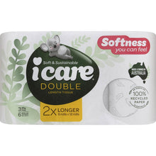 Icare 100% Recycled Toilet Tissue Double Length White 3 Ply 6 Pack