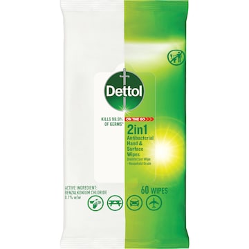 Dettol 2 In 1 Hands & Surfaces Antibacterial Wipes 60 pack