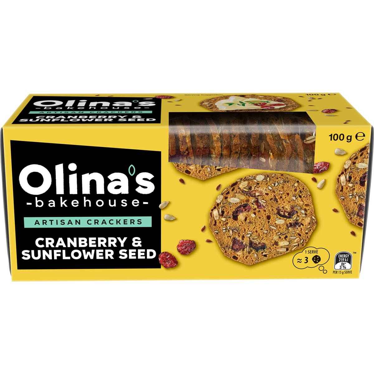 Olina's Bakehouse Artisan Crackers Biscuits Cranberry & Sunflower Seed 100g