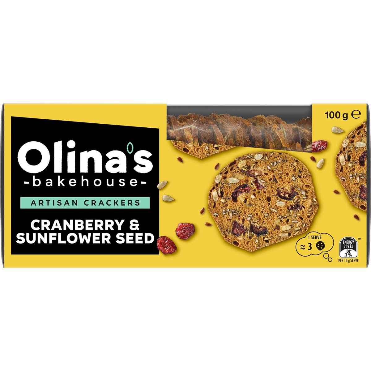 Olina's Bakehouse Artisan Crackers Biscuits Cranberry & Sunflower Seed 100g