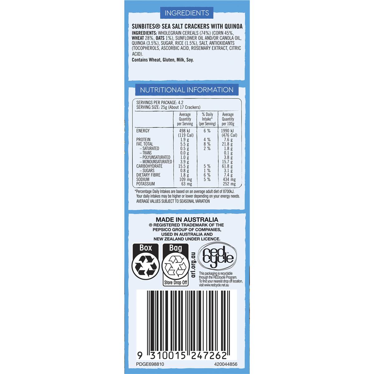Sunbites Sea Salt Snack Crackers With Quinoa Share Pack 105g
