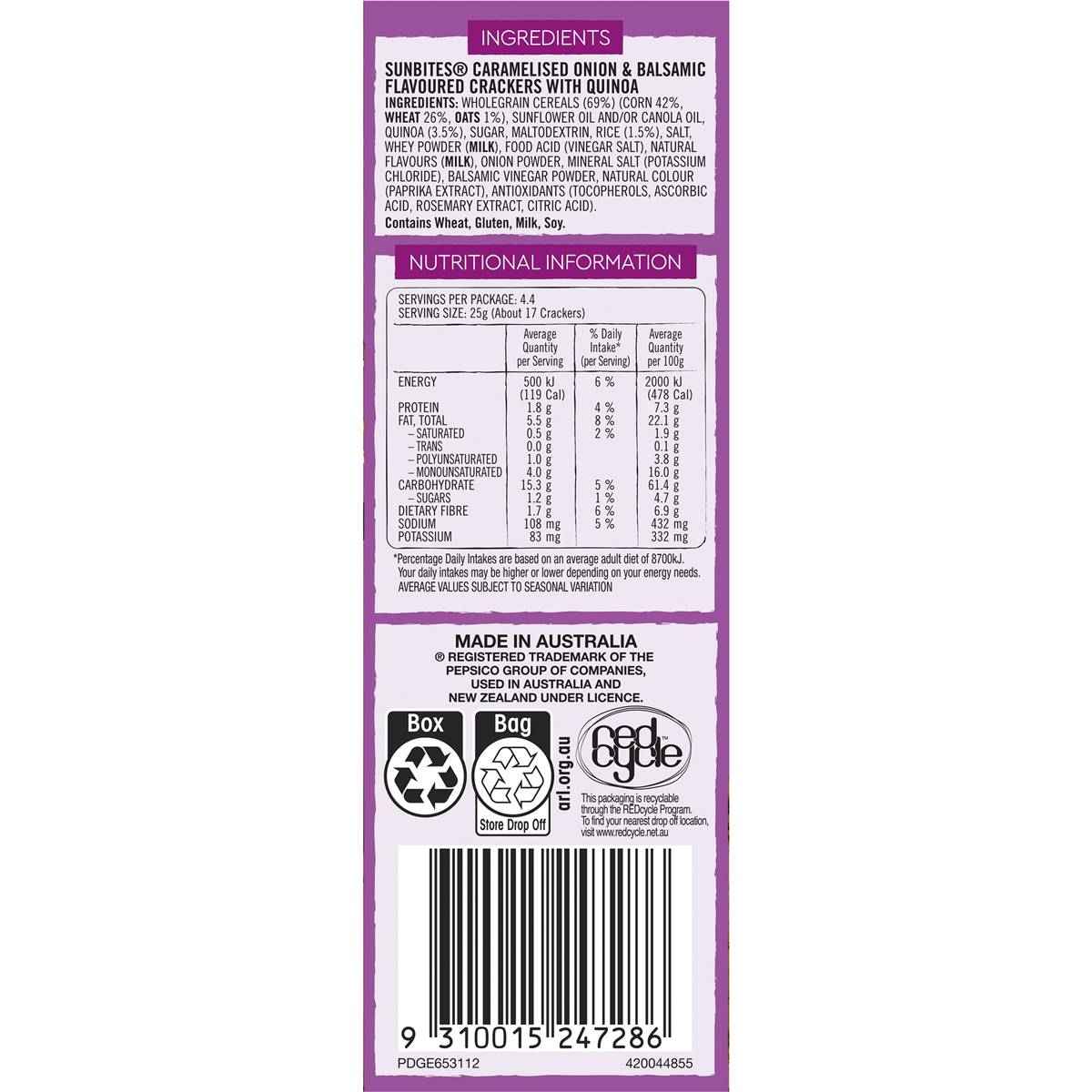 Sunbites Caramelised Onion & Balsamic Quinoa Crackers Share Pack 110g