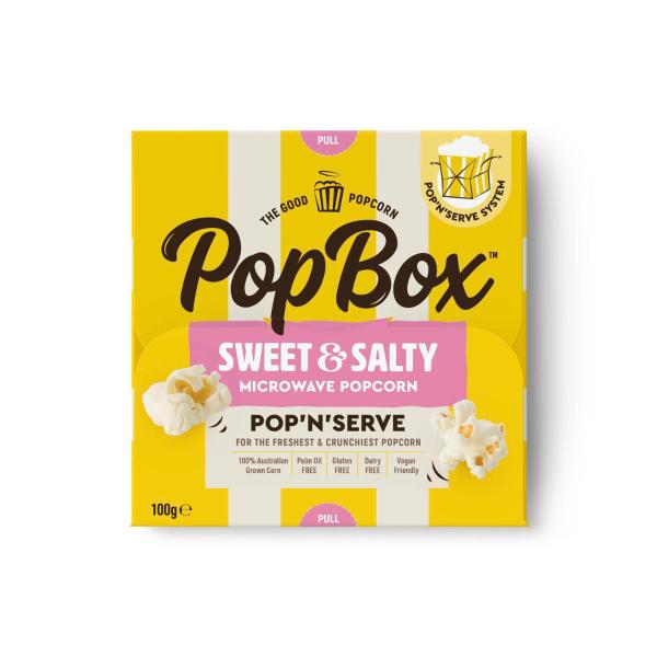 POPBOX SWEET & SALTY FLAVOUR MICROWAVE POPCORN GLUTEN & DAIRY FREE SNACK 100G