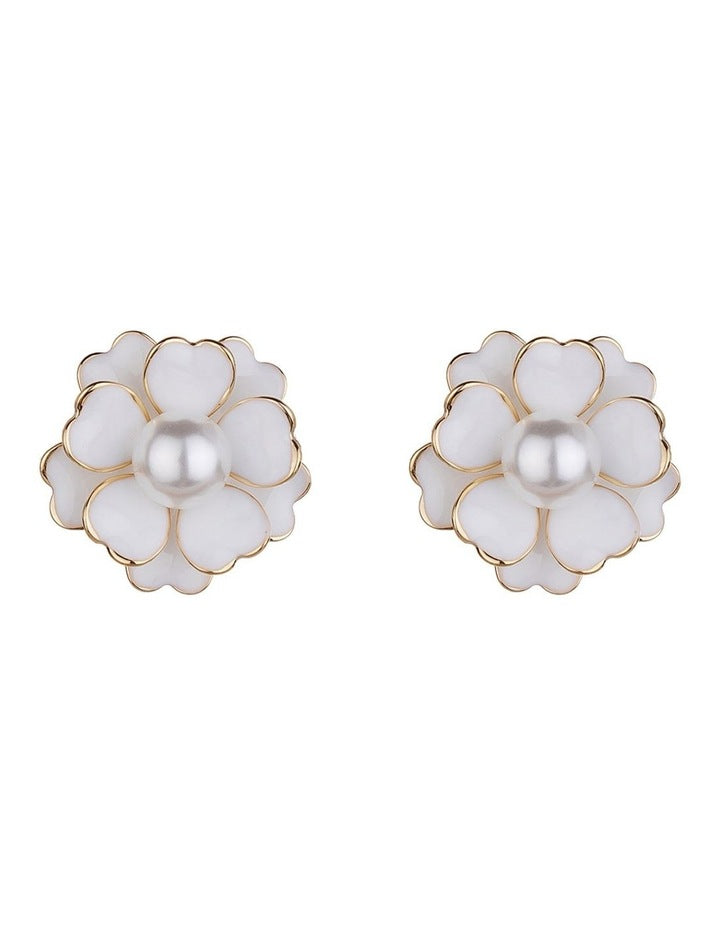 Enamel Flower Gold Stud Earring in White