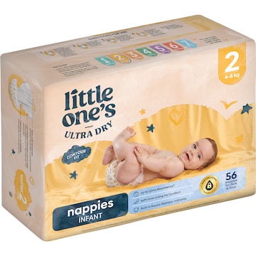 Little One's Size 2 Ultra Dry Nappies Infant 4-8Kg Boys & Girls 56 pack