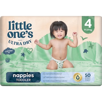 Little One's Size 4 Ultra Dry Nappies Toddler 9-14kg Boys & Girls 50 pack
