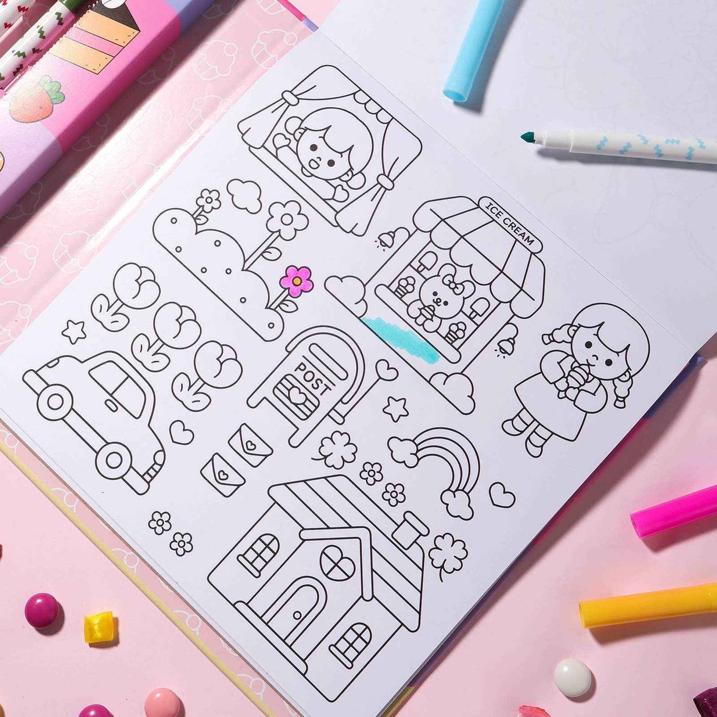 Kawaii Club Colouring Activity Kit with 8 Markers and 32 Colouring Pages by Journey Of Something Art and Craft for Kids Travel Toys Fairy Unicorn Castle Theme 3yrs+