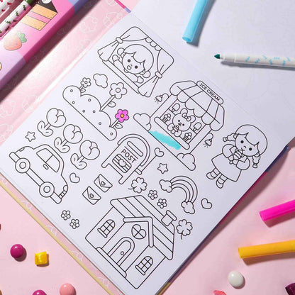 Kawaii Club Colouring Activity Kit with 8 Markers and 32 Colouring Pages by Journey Of Something Art and Craft for Kids Travel Toys Fairy Unicorn Castle Theme 3yrs+