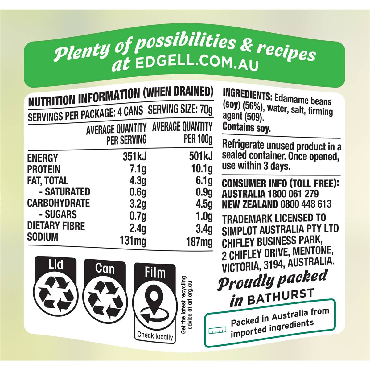 Edgell Edamame Beans Multipack Snacks Ready to Eat 125g x 4 Pack
