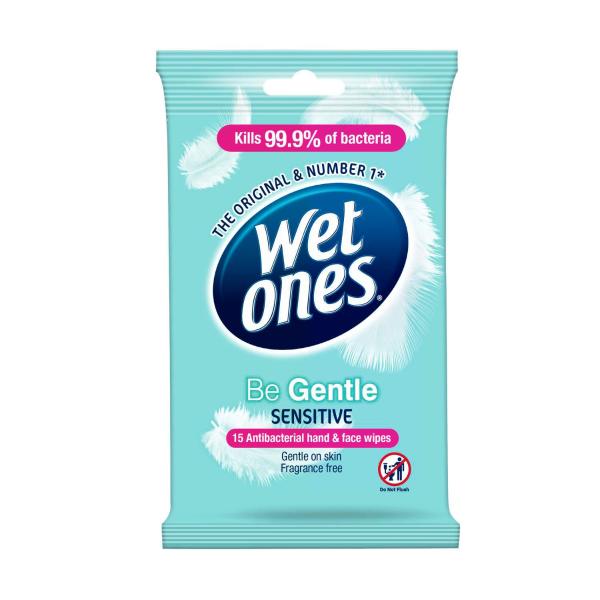 WET ONES ANTIBACTERIAL HAND & FACE WIPES :BE GENTLE:.:15 PACK