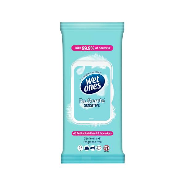 WET ONES ANTIBACTERIAL HAND & FACE WIPES:BE GENTLE:.:40 EACH