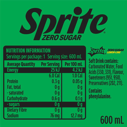 Sprite Zero Sugar Soft Drink Bottle 600ml