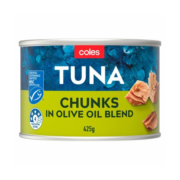 COLES TUNA CHUNKS IN OLIVE OIL BLEND 425G