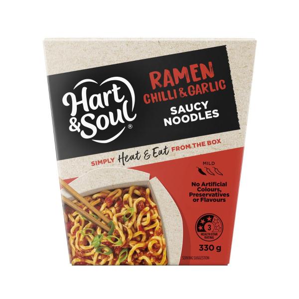 HART & SOUL SAUCY NOODLES READY MEAL CHILLI & GARLIC RAMEN 330g