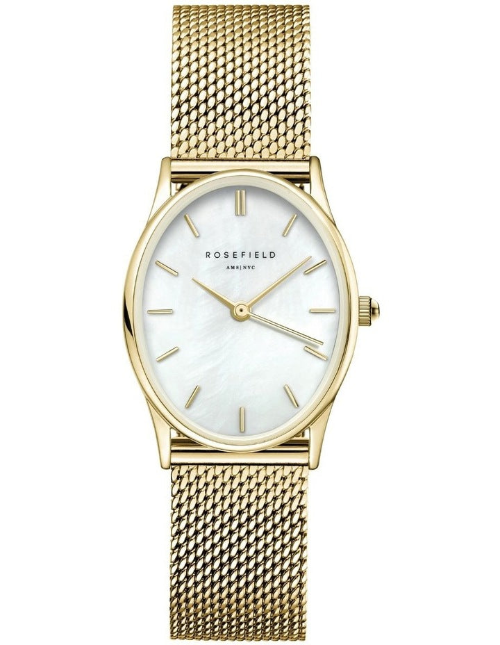 Oval Mother Of Pearl Dial Bracelet Mesh Analog Watch in Gold