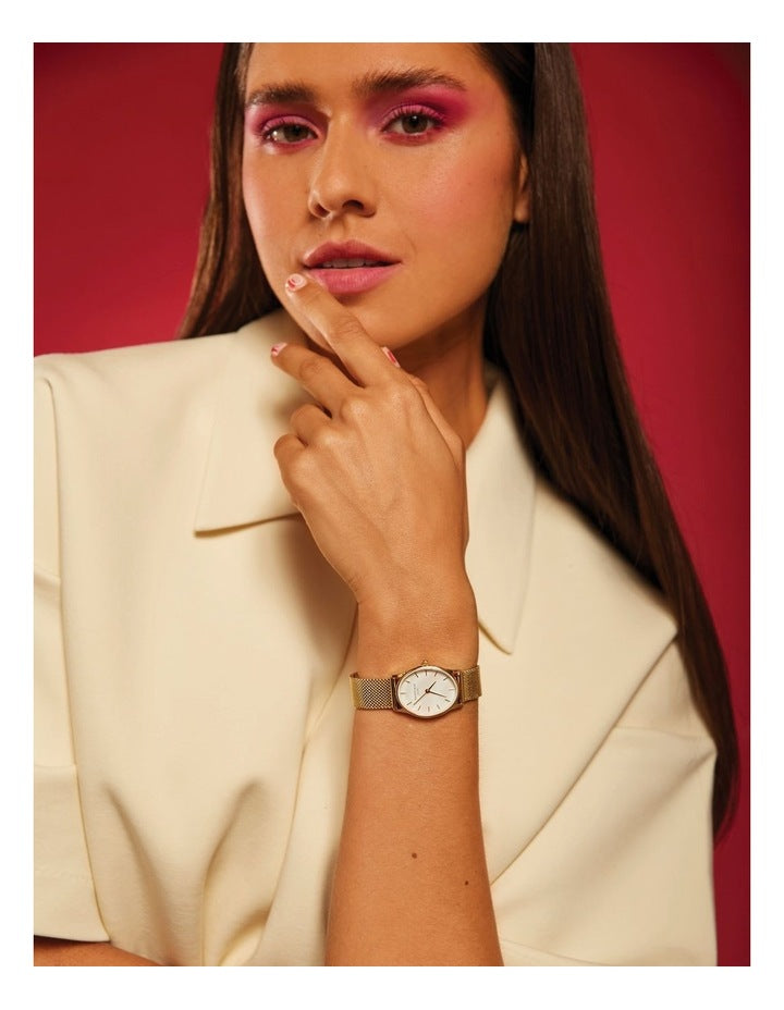 Oval Mother Of Pearl Dial Bracelet Mesh Analog Watch in Gold