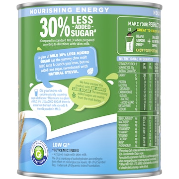 Milo 30% Less Added Sugar Chocolate Drinking Powder Hot or Cold 395g