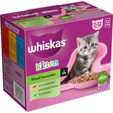 Whiskas Kitten 2-12 Months Wet Cat Food Mixed Favourites In Jelly 85g x 12 pack